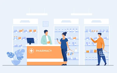 Pharmacy interior showing pharmacist in green coat serving female customer at orange counter, with another customer browsing medicine shelves in background