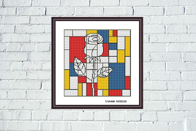 Mondrian rose abstract cross stitch embroidery pattern