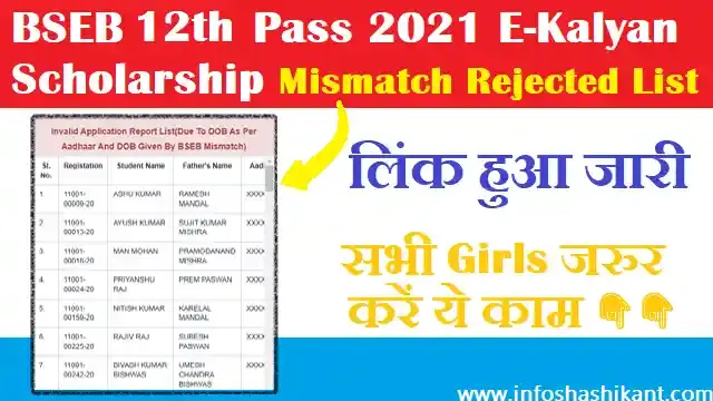 Bihar Board 12th Pass 2021 E-Kalyan Scholarship Mismatch Rejected List,Bihar Board 12th Pass 2021 E-Kalyan Scholarship Mismatch correction,12 ekalayn