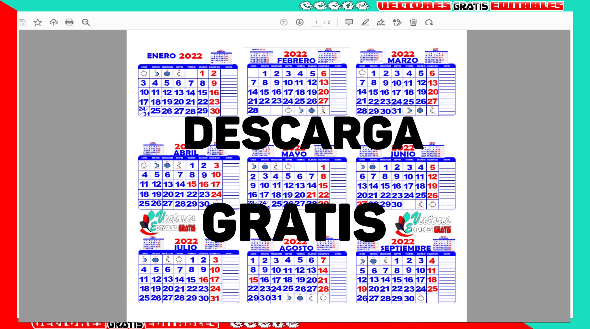 Mini Calendario o Almanaque 2022 Editables