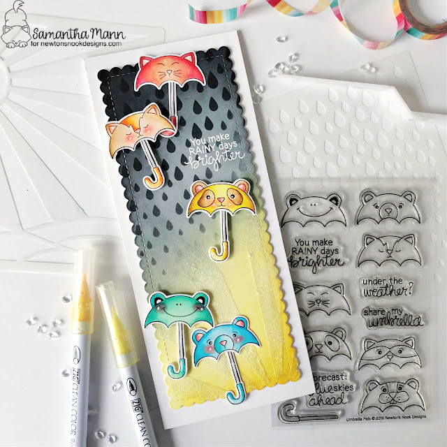 Rainy Day Slimline Card by Samantha Mann | Umbrella Pals Stamp Set, Slimline Frames & Portholes Die Set, Raindrops Stencil, and Sunscape Stencil by Newton's Nook Designs #newtonsnook
