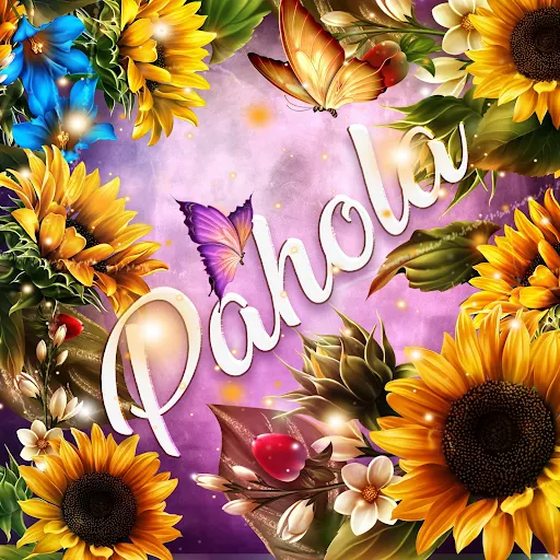 imágen con el nombre paola con fondo de girasoles y mariposas para descargar gratis