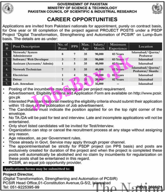 www.pcsir.gov.pk - PCSIR Pakistan Council of Scientific and Industrial Research Jobs 2021 in Pakistan