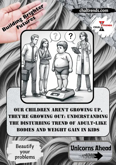 Drawn image of a kid in a scale surrounded by doctor and parent who see to cautious about kid overweight