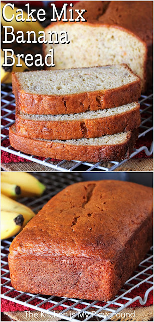 Cake Mix Banana Bread ~ Using packaged yellow cake mix as its base, Cake Mix Banana Bread is incredibly easy to make. And it bakes up into a truly tender & tasty loaf!  www.thekitchenismyplayground.com