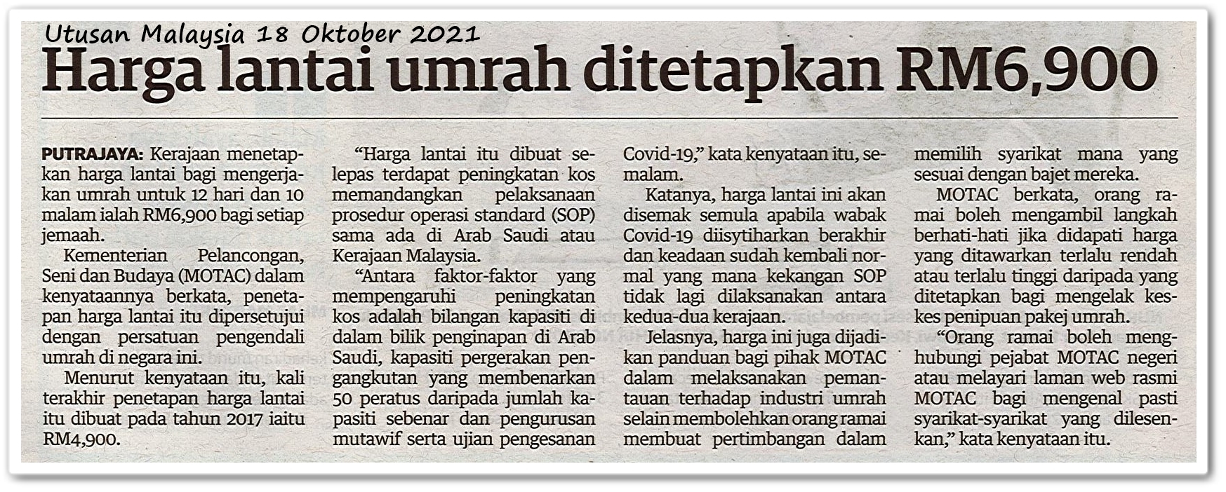 Harga lantai umrah ditetapkan RM6,900 - Keratan akhbar Utusan Malaysia 18 Oktober 2021