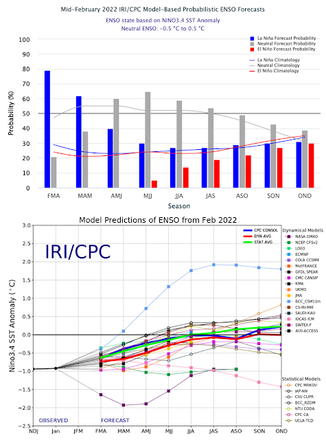 IRI/CPC model-based probabilistic ENSO forecasts (Left Panel) and plume of forecasts of the Nino3.4 SST anomaly from dynamical and statistical models (Right Panel) as provided by IRI. [Source: https://iri.columbia.edu/our-expertise/climate/forecasts/enso/current/]