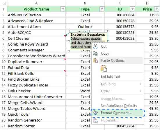 قم بتغيير خط تعليقات Excel