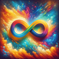 A rainbow infinity symbol against a backdrop of multicoloured clouds. Image generated by Envato Labs AI ImageGen tool