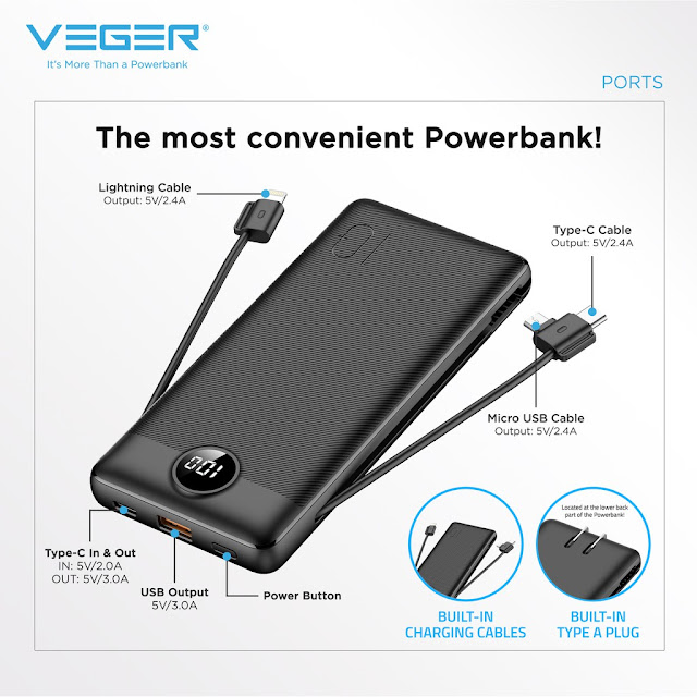 VEGER VP1115 10000mAh Power Bank with Built-In Charging Cables