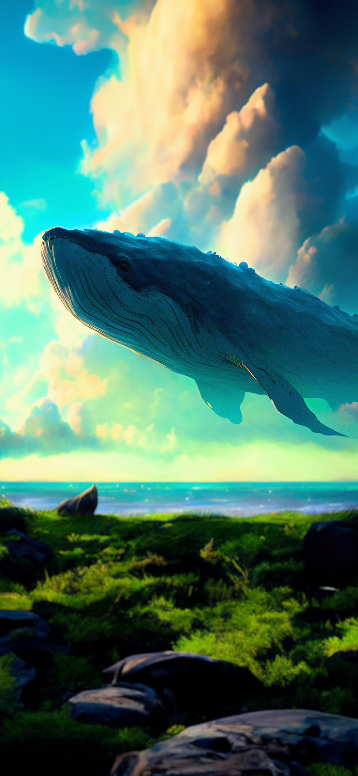 A breathtaking iPhone wallpaper featuring a giant blue whale floating above a lush green coastal landscape with a dramatic sky.

