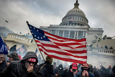 color photograph of supporters of President Donald Trump with American Flag retreating from tear gas at the Capitol, January 6, 2021