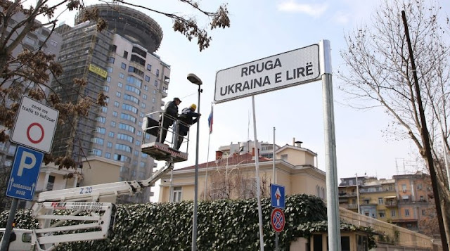 Street at Russian embassy in Tirana called "Free Ukraine"