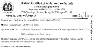 Staff Nurse Jobs in District Health and Family Welfare Samiti Paschim Medinipur