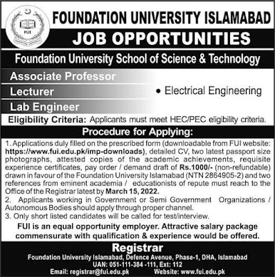Foundation University Islamabad Jobs 2022