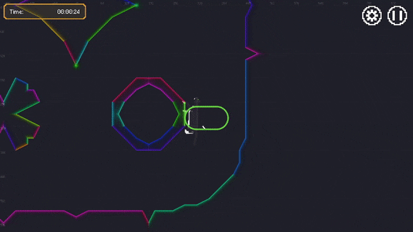 An animated GIF showing the character sprite and collision boundary moving smoothly around surfaces and corners with the position and rotation updating to match the surface angles.