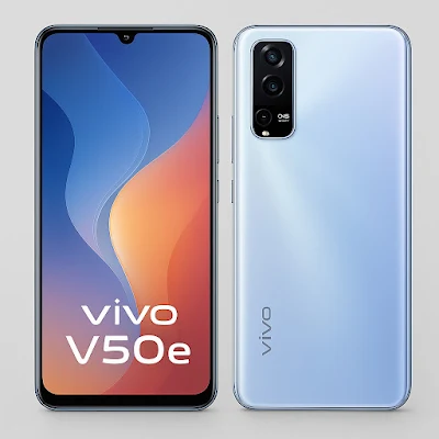 Vivo V50e स्मार्टफोन सामने और पीछे से दिखाया गया है, जिसमें सामने वॉटरड्रॉप नॉच डिस्प्ले और पीछे की ओर OIS सपोर्ट के साथ ट्रिपल रियर कैमरा सेटअप है। फोन हल्के नीले ग्रेडिएंट फिनिश में है।