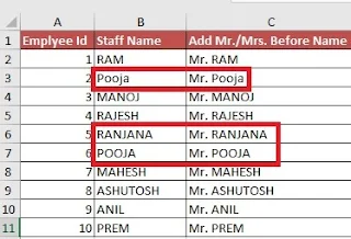 How to Add Mr and Mrs in Excel before Names in Hindi
