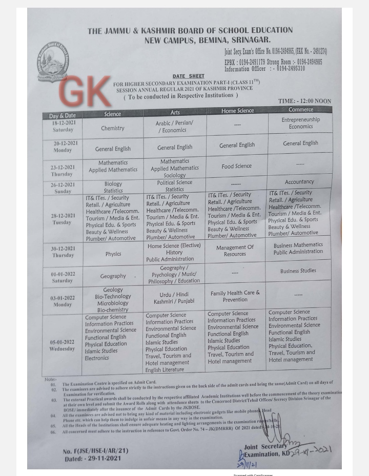 11th class datesheet