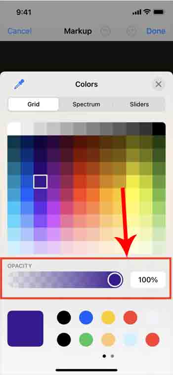 اختر اللون وقم بتعيين التعتيم في Markup على iPhone