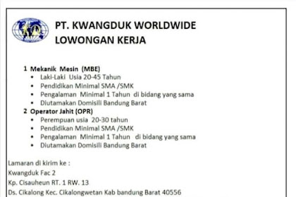 Lowongan Kerja Operator Jahit dan Mekanik Mesin PT Kwangduk Worldwide Cikalong