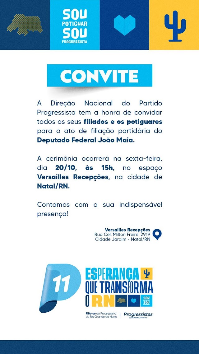 Deputado João Maia confirma para quarta, 20 de outubro filiação no PP