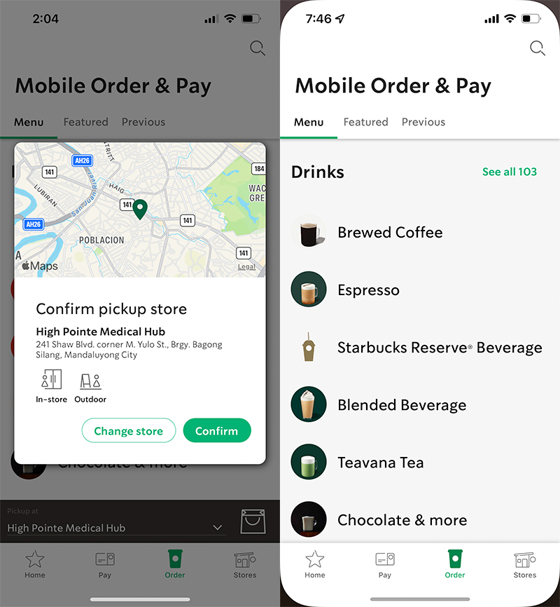 Starbucks PH app Order Tab