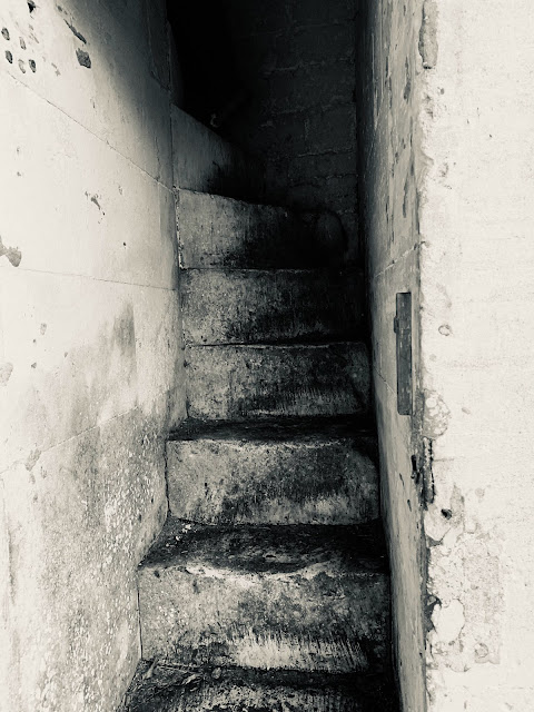 Stone stairs up to Pigeon house at Painswick Rococo Gardens with blue sky and clouds behind