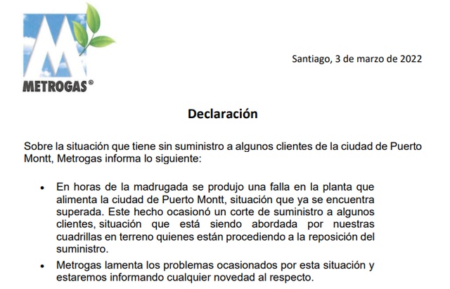 Declaración pública de Metrogas ante corte de suministro en Puerto Montt