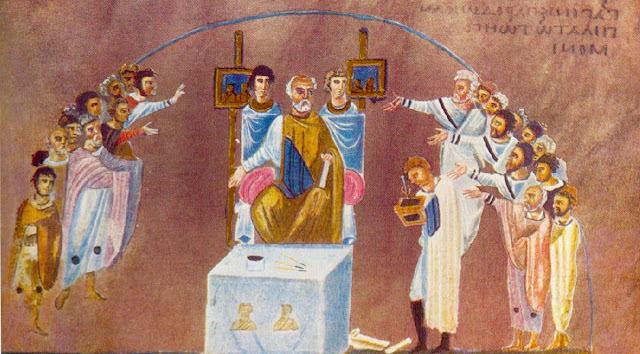 Суд римского наместника. Миниатюра византийского иллюминированного кодекса VI в. н.э