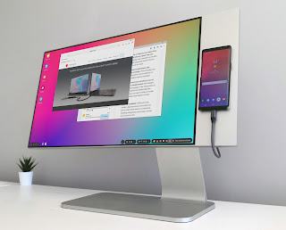 A Samsung smartphone in DeX Mode connected to the NexMonitor. Photo courtesy of Nex Computer LLC.