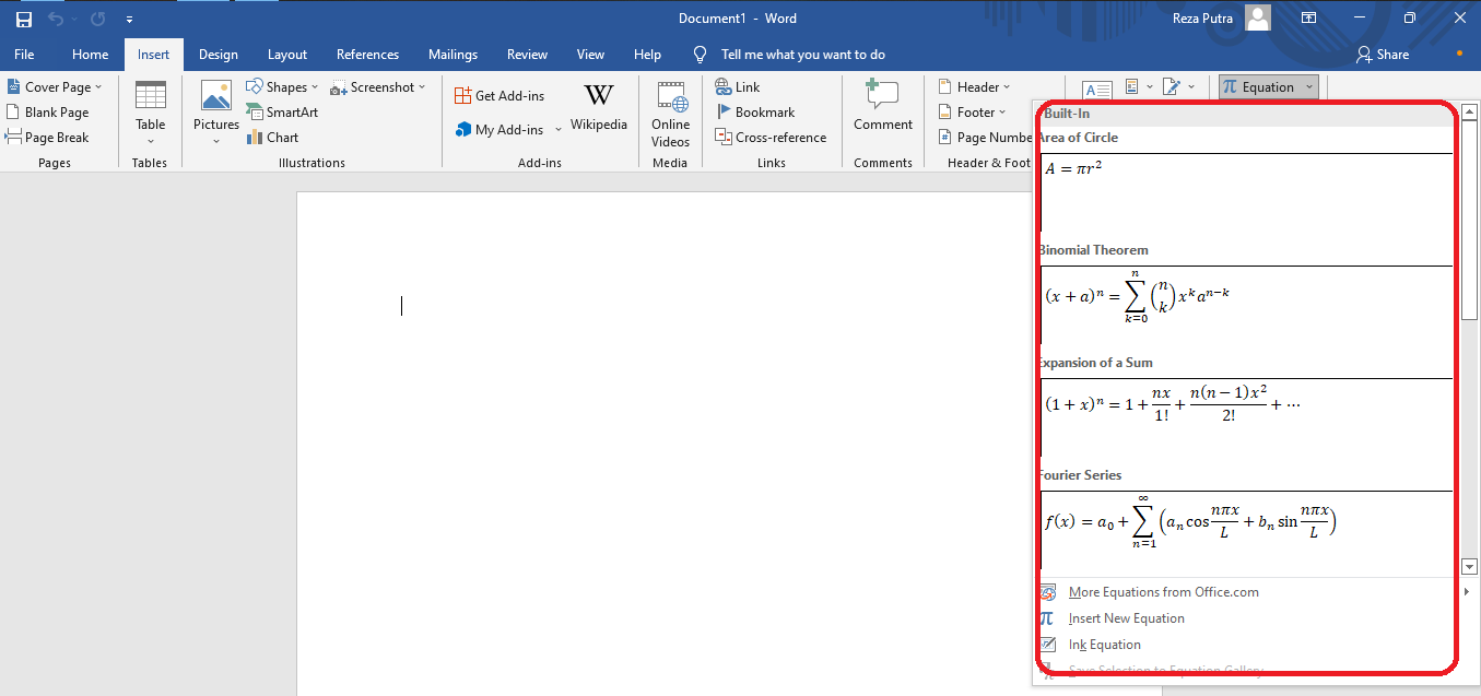 cara memasukkan equation di word