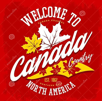 Welcome to Canada sign in red bedecked with yellow white and red maple leaves