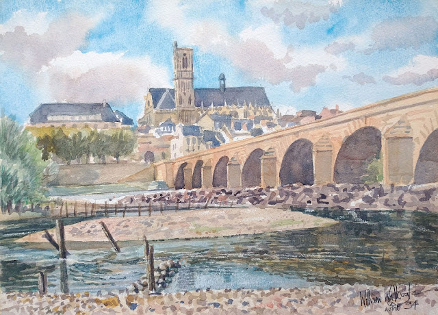 A watercolour of the stone bridge crossing the river Loire at Nevers, "La Loire à Nevers," by William Walkington in 1994