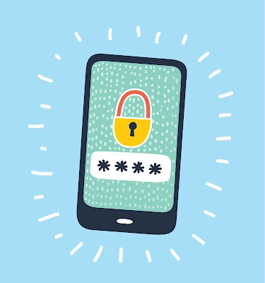 Smartphone displaying padlock icon and hidden password asterisks with radiating lines on blue background, symbolizing mobile device security and password protection