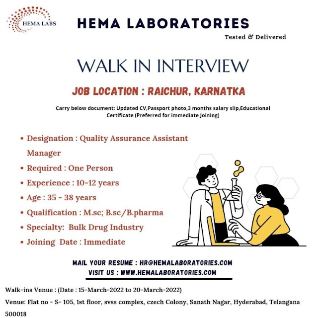 Hema Laboratories | Walk-in interview for QC/QA/R&D on 16th to 20th March 2022