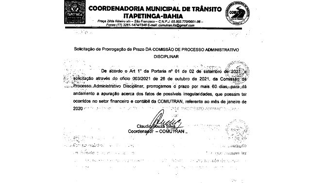 Publicação no Diário oficial da Prefeitura de Itapetinga sobre a prorrogação do prazo por mais 60 dias a partir de 26 de outubro/2021 as investigações de corrupção na Comutran.