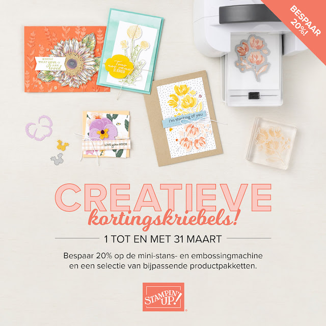 Stampin met Monique, aanbiedingen maart, creatieve kortingskriebels, mini stans- en embossingmachine, cut & emboss machine