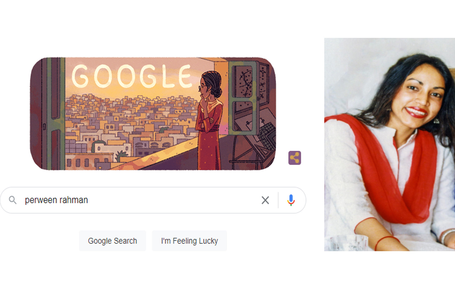 آج کا گوگل ڈوڈل پاکستانی سماجی کارکن پروین رحمان کو 65 ویں سالگرہ پر خراج تحسین پیش کرتا ہے