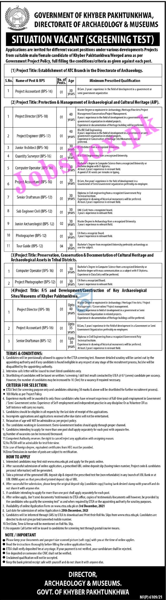 Directorate of Archaeology & Museums KPK Jobs 2021 in Pakistan