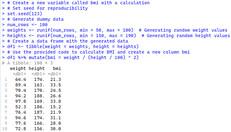 Create a new variable called bmi with a calculation using dplyr fucntion of Rstudio