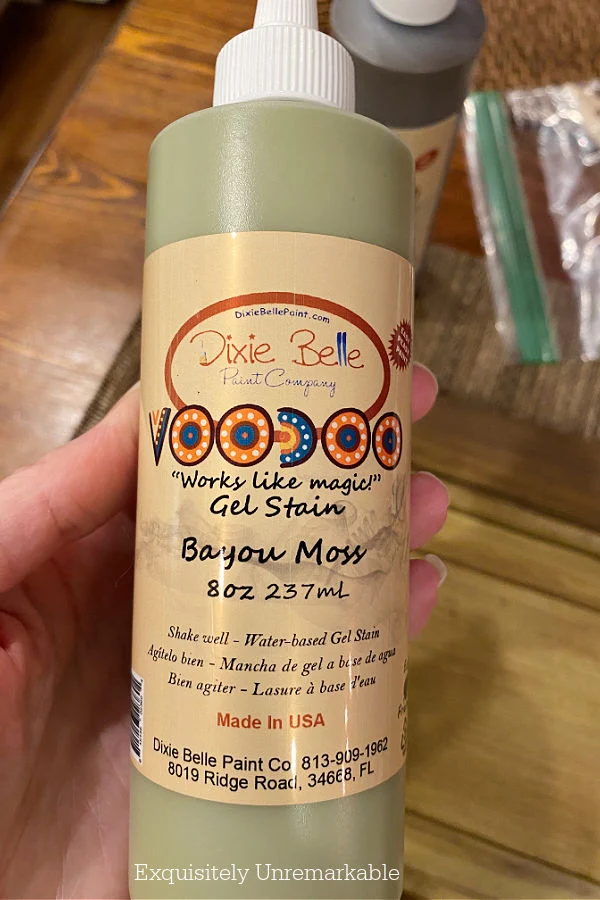 Dixie Belle Gel Stain Bayou Moss container in hand