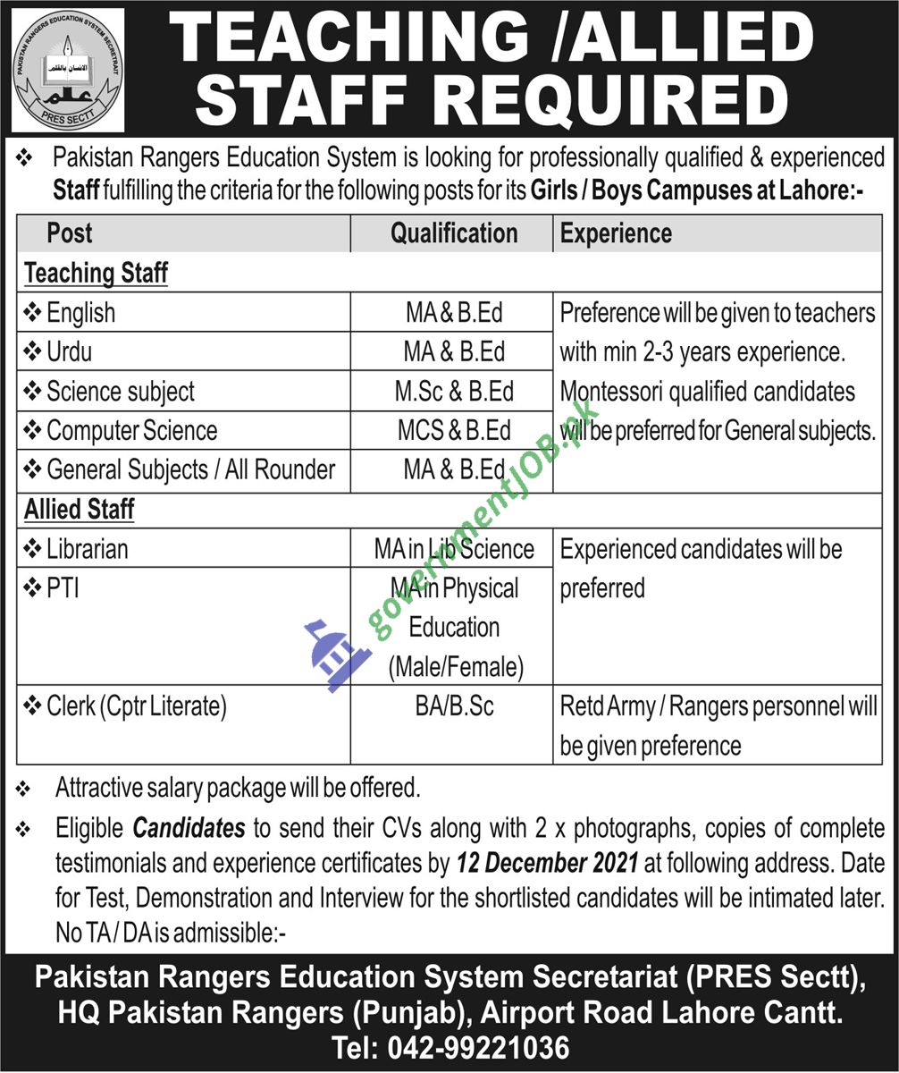 Pakistan Rangers Education System Jobs 2021 – Ranger H/Q Lahore