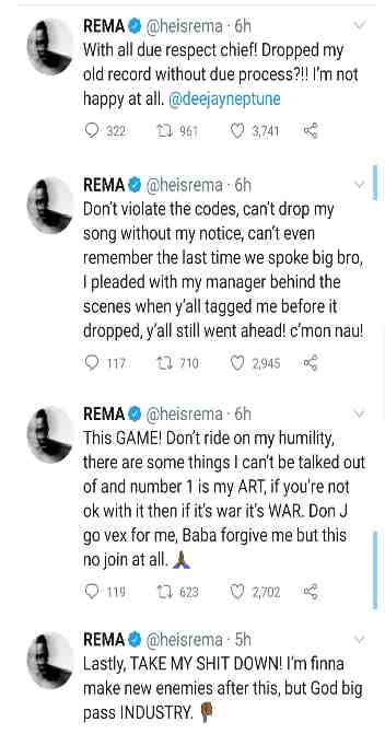 Rema calls out DJ Neptune, accuses him of releasing his old record without his permission