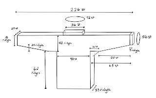 Image of a sweater schematic, t-shaped main body with shoulder straps and side panels. Number of stitches and garter ridges noted for various elements.