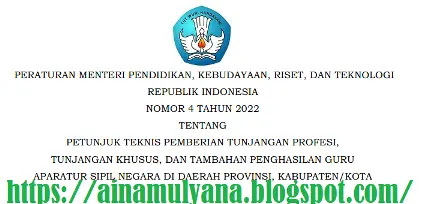 PERMENDIKBUD RISTEK NOMOR 4 TAHUN 2022 TENTANG JUKNIS TPG GURU DAN TUNJANGAN KHUSUS TAHUN 2022