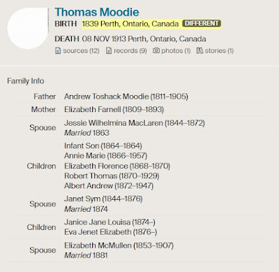 Screen capture from Ancestry for a family tree hint for Thomas Moodie (1839-1913), retrieved 2 Mar 2022.