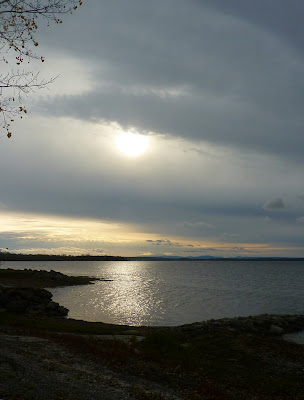 Sunlight breaking through gray clouds and reflecting on calm lake waters with a rounded shoreline, branches of trees in the upper left of photo