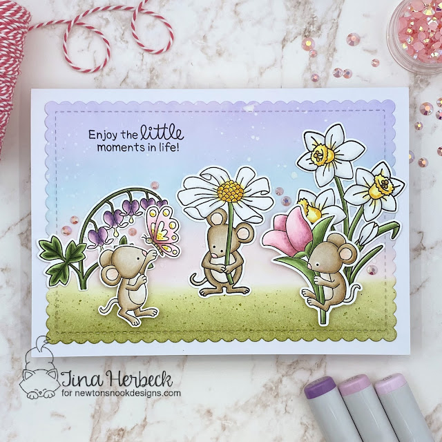 Mouse Garden Card by Tina Herbeck | Garden Mice Stamp Set, Daffodils Stamp Set, Bleeding Heart Stamp Set and A7 Frames & Banners Die Set by Newton's Nook Designs #newtonsnook