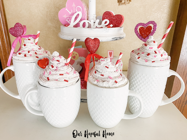 four white hobnail mugs DIY fake cocoa whipped cream toppers Valentine theme